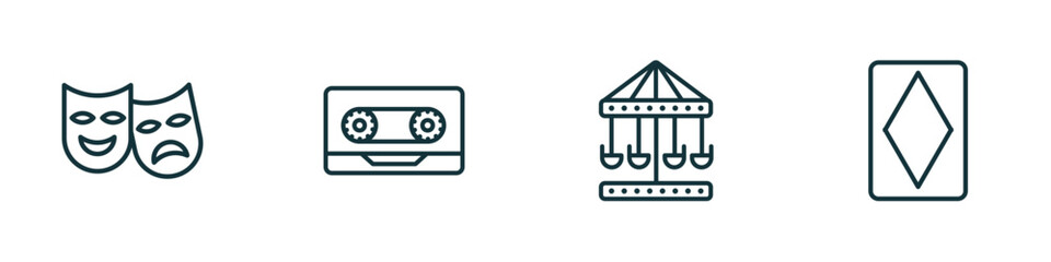 set of 4 linear icons from entertainment concept. outline icons included theater, music tape, carousel, diamond ace vector