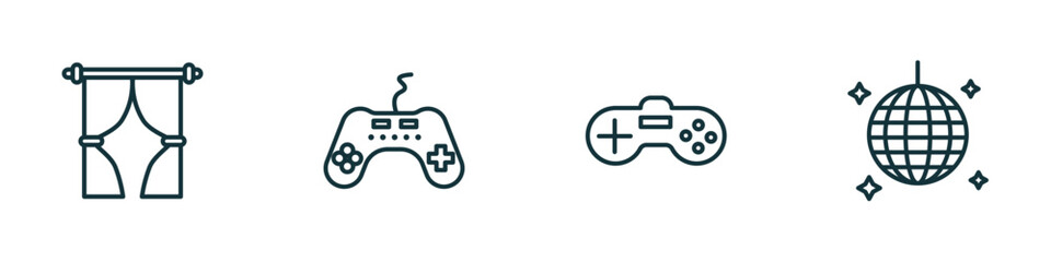 set of 4 linear icons from arcade concept. outline icons included curtain stage, controller, video game, nightclub vector