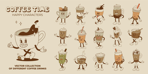 Retro groovy set with coffee mascot, cartoon characters, funny colorful doodle style characters, cappuccino, cocoa, latte, espresso. Vector illustration on beige isolated background.