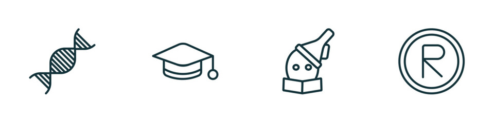 set of 4 linear icons from education concept. outline icons included dna, scholar, wizard of oz, registered vector