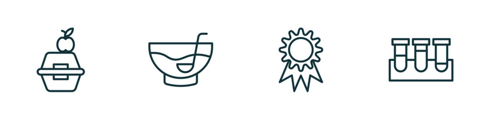 set of 4 linear icons from education concept. outline icons included lunch box, punch bowl, merit, test tubes vector