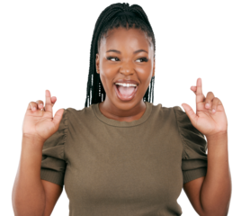 Happy, fingers crossed and hope with face of black woman on png for good luck, wish and success. Emoji, promotion and giveaway with person isolated on transparent background for competition and sign