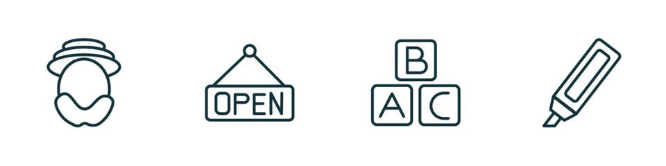 set of 4 linear icons from education concept. outline icons included robinson crusoe, opened, abc, highlighter vector - obrazy, fototapety, plakaty