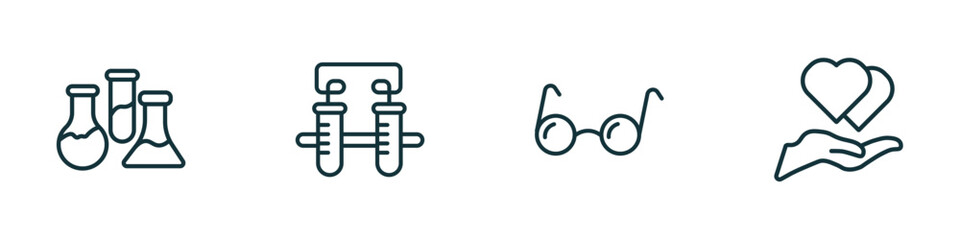 set of 4 linear icons from education concept. outline icons included chemical test tube, communicating vessels, studying glasses, hand care vector