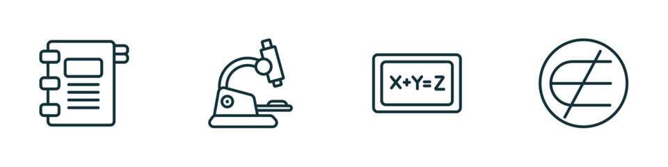 set of 4 linear icons from education concept. outline icons included agenda with bookmarks, biology microscope, equation, is not an element of vector