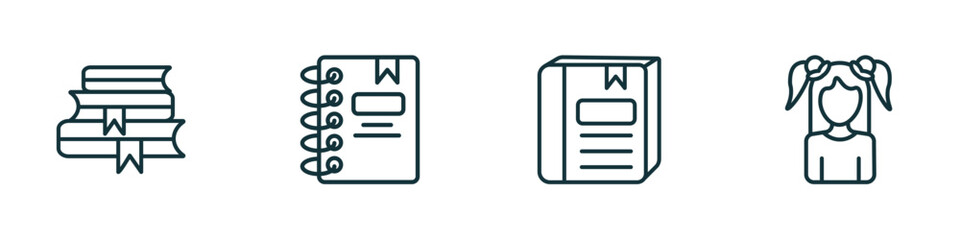 set of 4 linear icons from education concept. outline icons included stack of books, notebook with bookmark, closed book with marker, kid vector