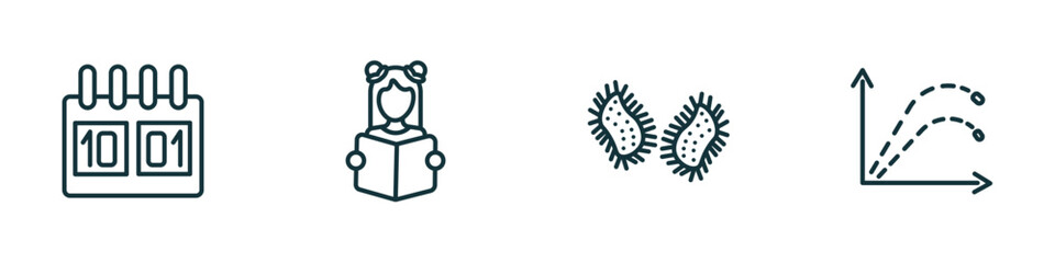 set of 4 linear icons from education concept. outline icons included school calendar, reading book, parasites, ballistic vector