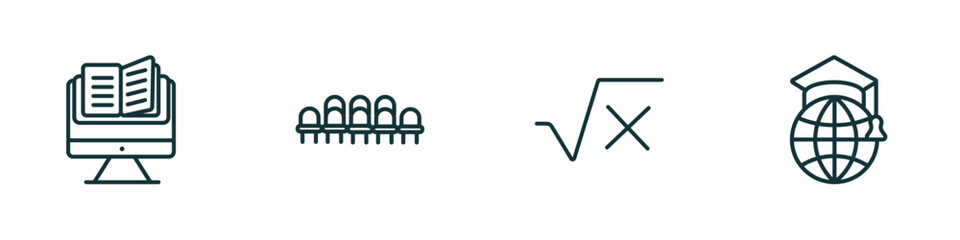 set of 4 linear icons from education concept. outline icons included studies, grandstand, square root in class, international graduate vector