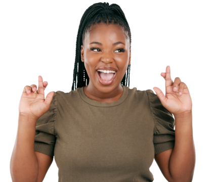 Happy, fingers crossed and hope with face of black woman on png for good luck, wish and success. Emoji, promotion and giveaway with person isolated on transparent background for competition and sign
