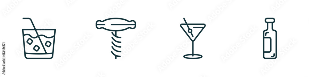 Wall mural set of 4 linear icons from drinks concept. outline icons included caipirinha, sorkscrew, manhattan drink, wine vector