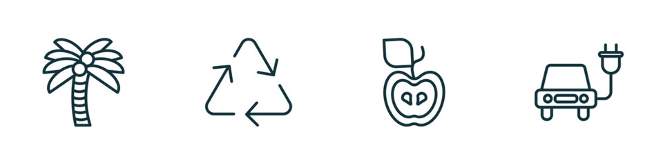 set of 4 linear icons from ecology concept. outline icons included coconut tree, recycle, half, eco energy car vector
