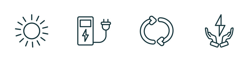 set of 4 linear icons from ecology concept. outline icons included sunlight, electric station, recycle arrows, green energy source vector