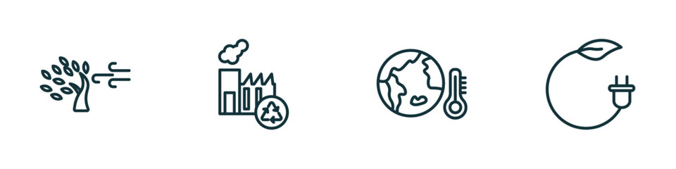 set of 4 linear icons from ecology concept. outline icons included wind bending tree, recycling factory, warming, bio energy vector
