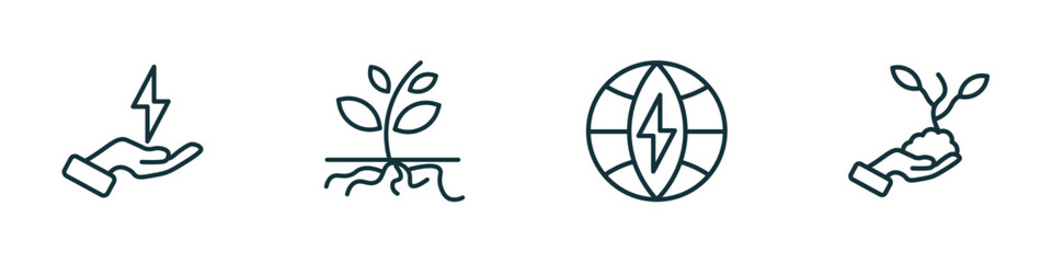 set of 4 linear icons from ecology concept. outline icons included save energy, plant and root, eco energy power, plant on a hand vector