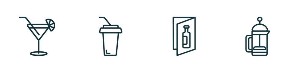 set of 4 linear icons from drinks concept. outline icons included cosmopolitan, soft drink, wine list, french press vector - obrazy, fototapety, plakaty