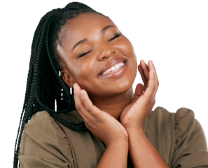 Black woman, happy face and smile relax with casual style, fashion and confidence. Cute, female person and calm African model with pride from Nigeria isolated on transparent, png background