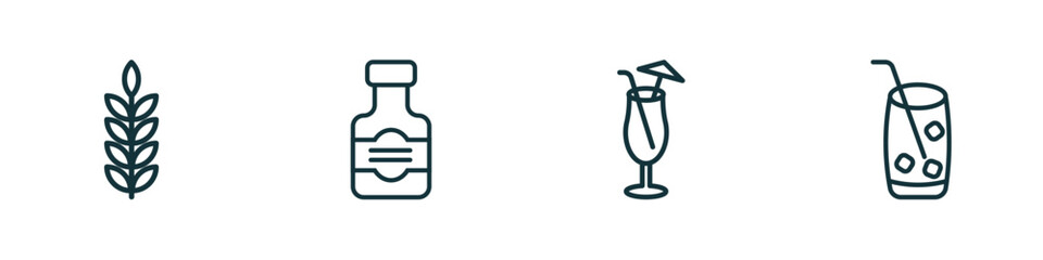 set of 4 linear icons from drinks concept. outline icons included grain, whiskey, sex on the beach, mojito vector