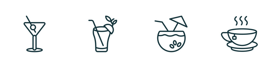 set of 4 linear icons from drinks concept. outline icons included manhattan, bloody mary, coconut drink, tea vector