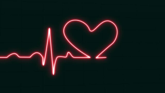EKG heartbeat pulse rate glowing red love shaped neon light loop animated blue grid background. EKG 60 BPM Loop Screen, Blue w/ Grid. Heart rate monitor.  Medical healthcare concept. 4k footage