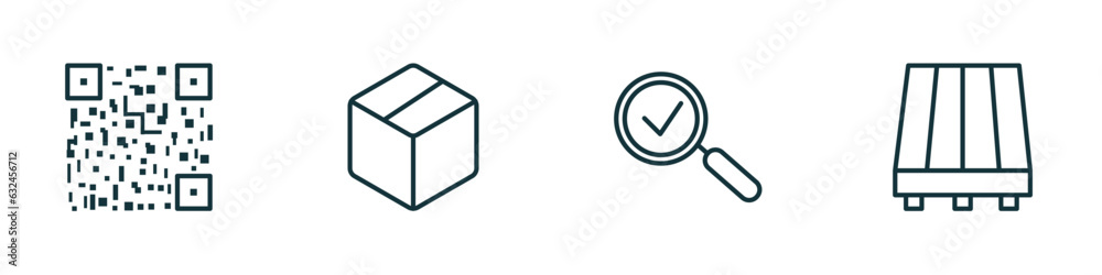 Poster set of 4 linear icons from delivery and logistic concept. outline icons included bar code, delivery 