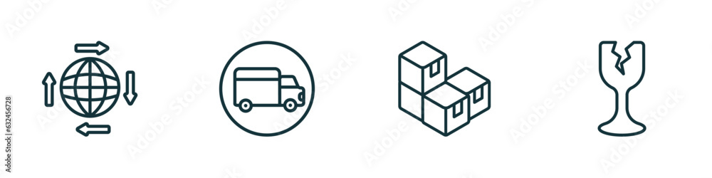 Poster set of 4 linear icons from delivery and logistic concept. outline icons included distribution, shipp