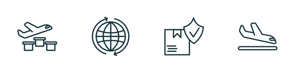 set of 4 linear icons from delivery and logistic concept. outline icons included delivery by plane, worldwide, logistic protection, arrival vector