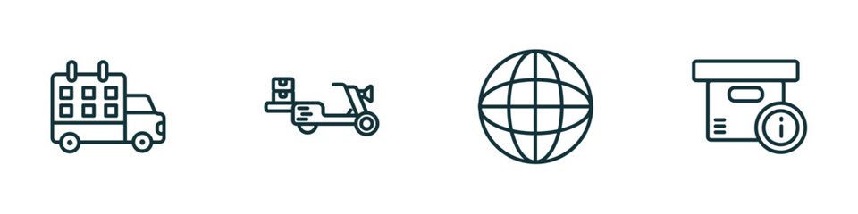 set of 4 linear icons from delivery and logistic concept. outline icons included delivery schedule, scooter delivery, earth grid, info vector