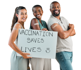 Covid vaccinated, smile and group with plaster, health and promotion isolated on a transparent background. Diversity, people or corona vaccine with wellness, portrait or care with a cardboard or png