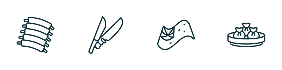 set of 4 linear icons from culture concept. outline icons included pork ribs, knife in sheath, australian flag, dumplings vector
