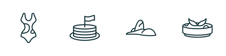 set of 4 linear icons from culture concept. outline icons included female bikini piece, cake with a flag, rio de janeiro, gazpacho vector