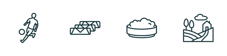 set of 4 linear icons from cultures concept. outline icons included brazil soccer player, egg roll, rice pudding, tuscany vector