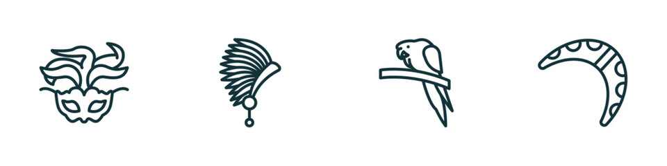 set of 4 linear icons from culture concept. outline icons included brazil carnival mask, indian headdress, aw on a branch, australian boomerang vector