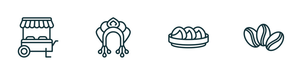 set of 4 linear icons from culture concept. outline icons included food stall, kokoshnik, steamed bread, coffee grains vector