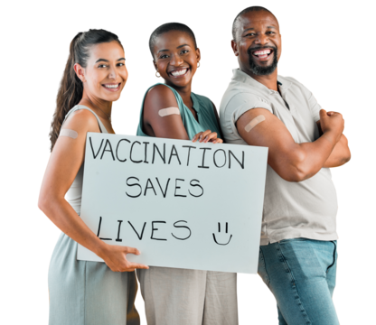 Covid vaccinated, smile and group with plaster, health and promotion isolated on a transparent background. Diversity, people or corona vaccine with wellness, portrait or care with a cardboard or png