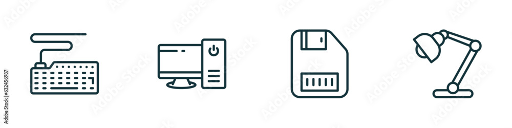 Poster set of 4 linear icons from computer concept. outline icons included classroom keyboard, work station