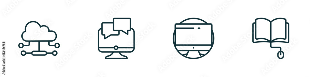 Poster set of 4 linear icons from computer concept. outline icons included cloud network, online chat, circ