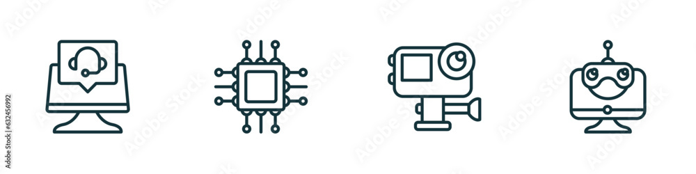 Poster set of 4 linear icons from computer concept. outline icons included online support, computer micro c