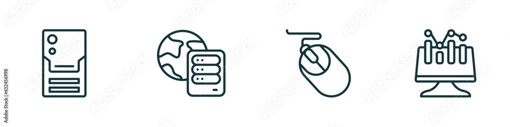 Poster set of 4 linear icons from computer concept. outline icons included pc tower, internet server, compu