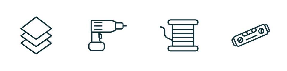 set of 4 linear icons from construction tools concept. outline icons included tiles, hand drill, copper, plumb rule tool vector