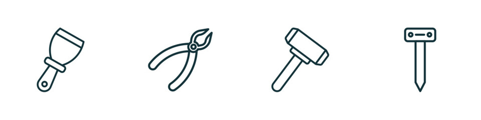 set of 4 linear icons from construction tools concept. outline icons included putty knife, repair pliers, sledge hammer, boning rod vector