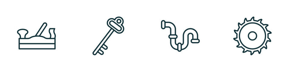 set of 4 linear icons from construction tools concept. outline icons included jack plane, antique key, plumbing pipes, blade saw vector