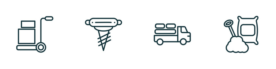 Fototapeta premium set of 4 linear icons from construction concept. outline icons included trolley with cargo, pickaxes drilling, truck with load, cement vector