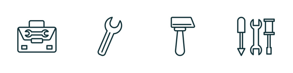 set of 4 linear icons from construction concept. outline icons included tool bag, spanner, inclined hammer, three tools vector