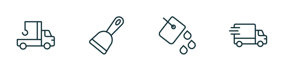set of 4 linear icons from construction concept. outline icons included crane truck, scraper, paint bucket, truck with freight vector