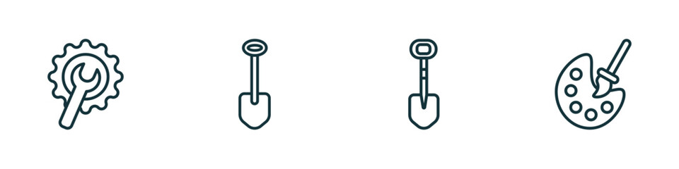 set of 4 linear icons from construction concept. outline icons included wrench and gear, big shovel, interior de, pallete vector