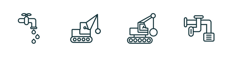 set of 4 linear icons from construction concept. outline icons included stopcock, demolition, derrick with ball, adjustment system vector