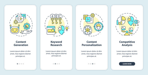 Fototapeta premium 2D icons representing AI for SEO mobile app screen set. Walkthrough 4 steps colorful graphic instructions with linear icons concept, UI, UX, GUI template.