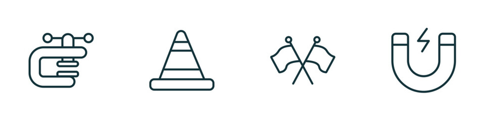 set of 4 linear icons from construction concept. outline icons included vise, road stopper, flags crossed, inclined magnet vector