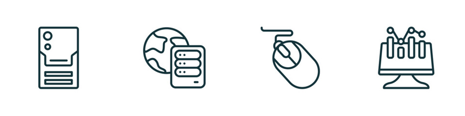 set of 4 linear icons from computer concept. outline icons included pc tower, internet server, computer mouse device, data analyser vector