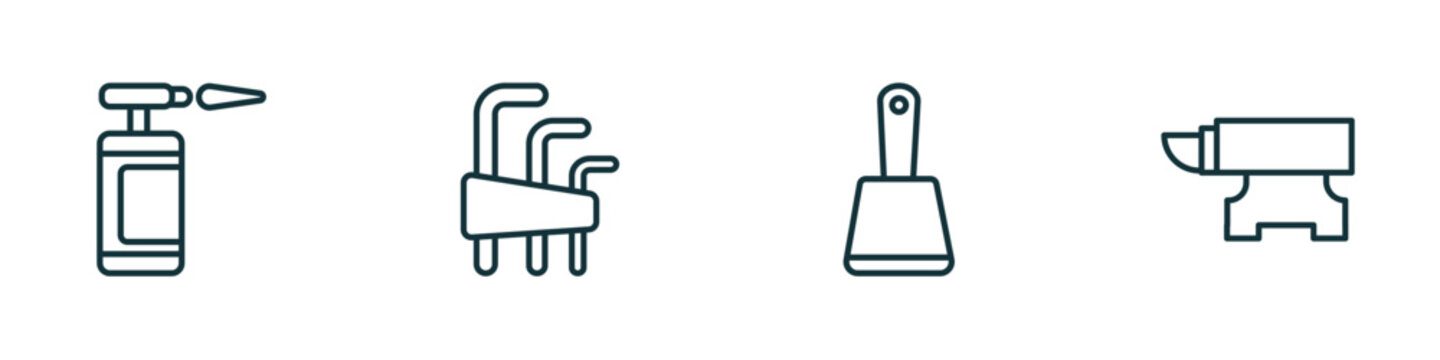 set of 4 linear icons from construction tools concept. outline icons included blowtorch, allen keys, bolster, anvil vector